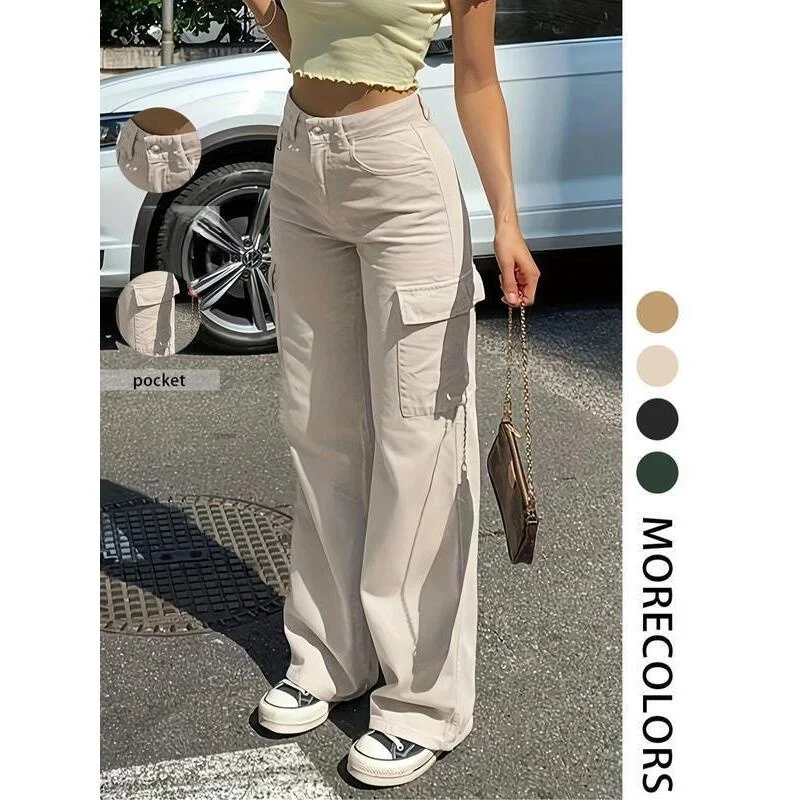 Women's Casual Street Retro Plain Flap Pocket Cargo Pants Neutral Style Harlan Pants Other Material 100% Summer Collection