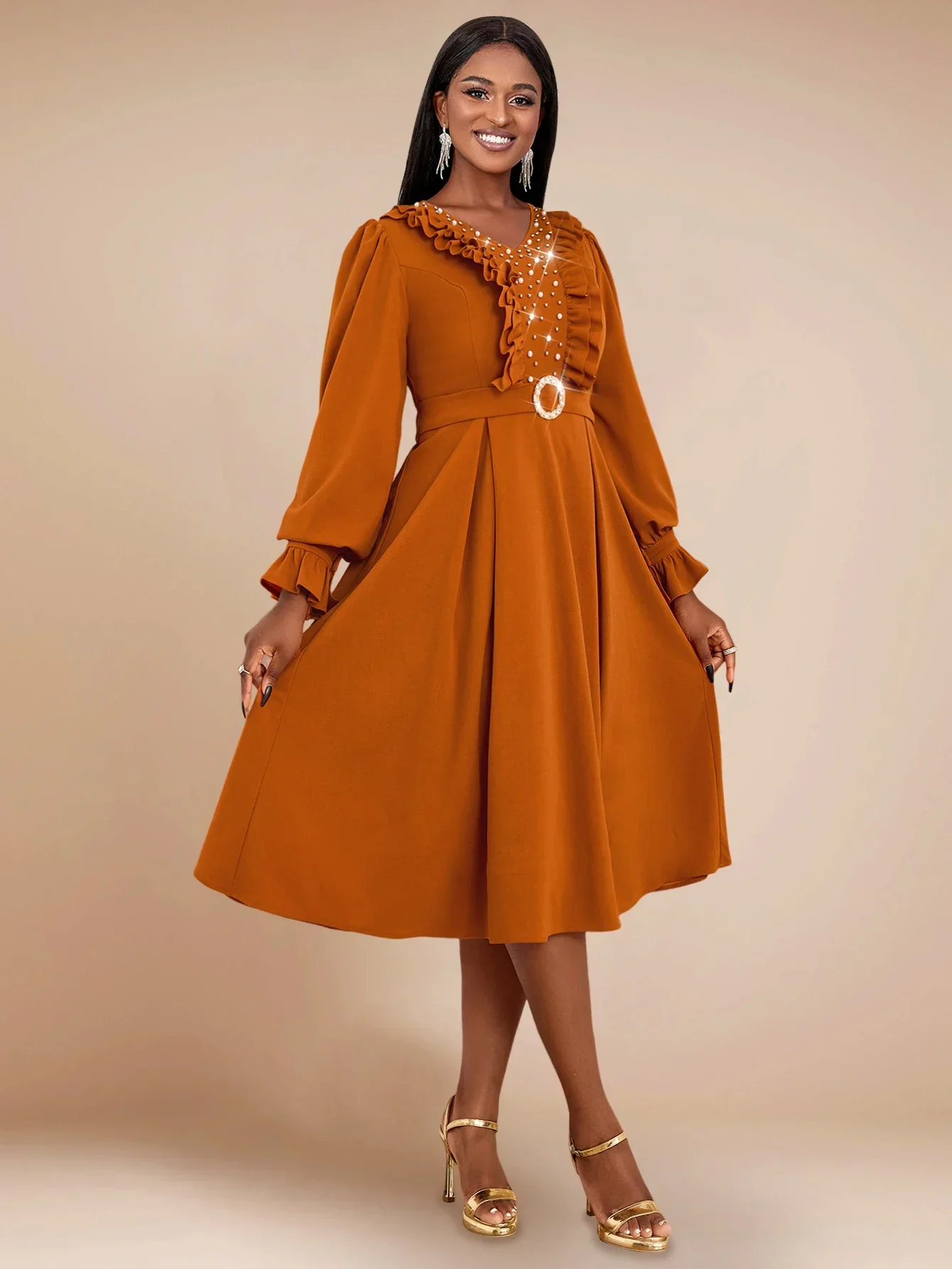 

Brown V Neck Casual Dresses for Women Beaded Lantern Long Sleeve A Line Midi Gowns Elegant Ladies Office Work Event Outfits