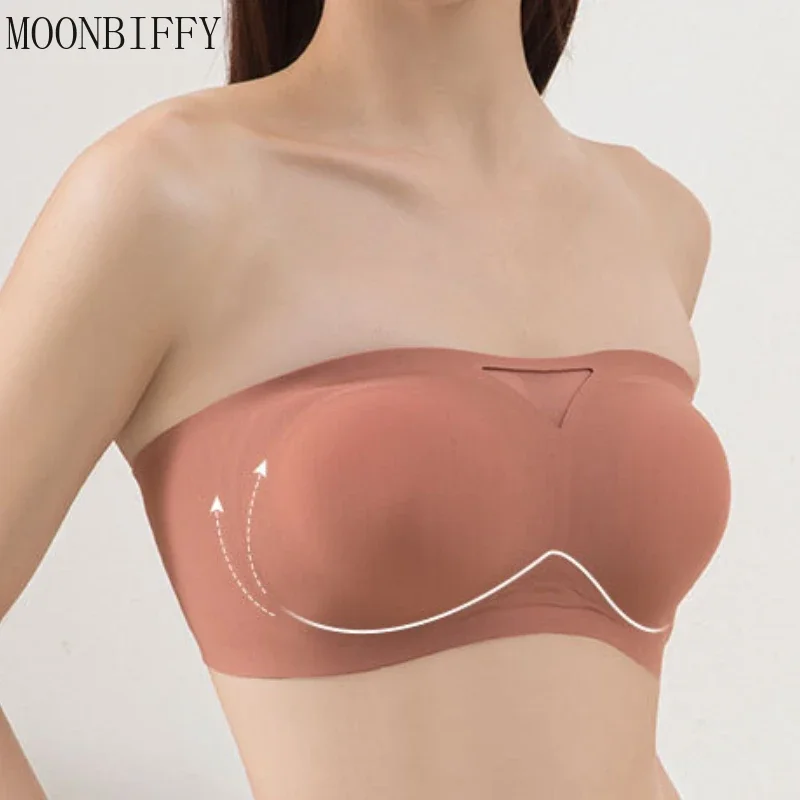 Strapless Push Up Bra for Woman Latex Invisible Bras Wire Free Back Closure Summer Ice Silk Seamless Lingerie Soft Bralette Sexy