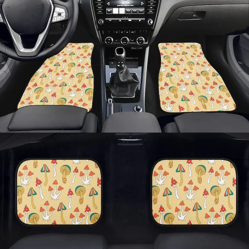 Vintage Hippie Mushrooms Car Floor Mats - Retro Hippie Van, Magic Mushrooms , Groovy Car Accessory, Cottagecore Funky Psilocybin