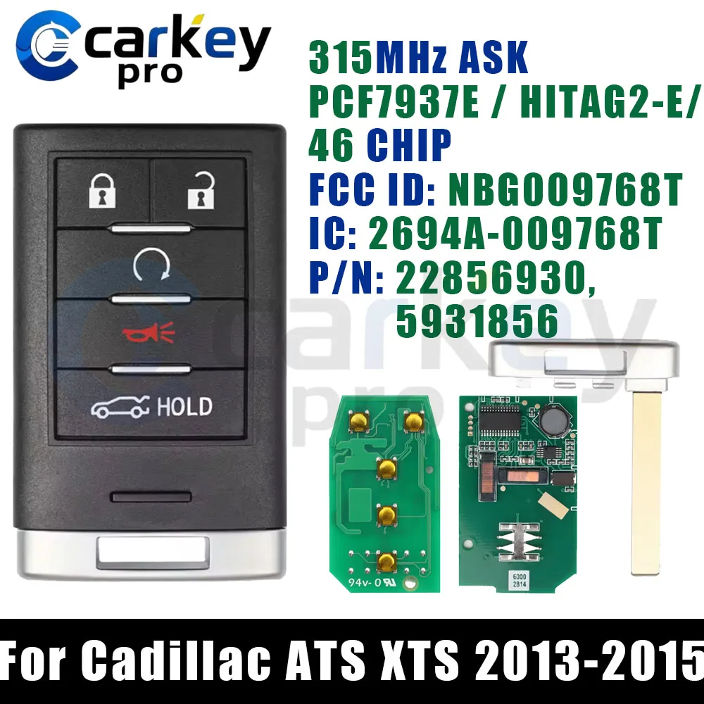 Carkeypro 4+1 Buttons Smart Key 315 MHz PCF7937E HITAG2 46 Chip NBG009768T 22856930 5931856 For Cadillac ATS XTS 2013-2015