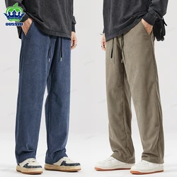 OUSSYU Brand Autumn Winter Men's Stripe Corduroy Pants Elastic Waist Drawstring Straight Thick Outdoors Loose Casual Trousers