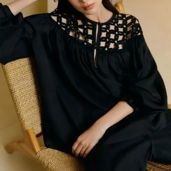 

Vintage Lantern Sleeve French Shirt, Heavily Crafted with Hollow Out Handmade Crochet Top, Loose Shirt for Summer