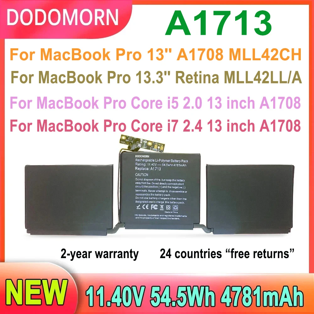 Аккумулятор DODOMORN A1713 для ноутбука MacBook Pro, 13 дюймов, A1708, 2016, 2017, EMC, 2978, 3164, 020-00946, серия MLL42LL, 4781 мАч, 2 года гарантии