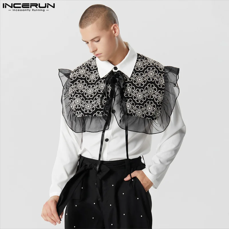 2023 Men\'s Shirt Lace Patchwork Ruffle Lapel Long Sleeve Lace Up Unisex Shirts Streetwear Fashion Casual Camisas S-5XL INCERUN