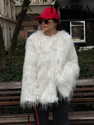 TRAFZA Autumn Winter Women Fashion Faux Fur Coat Round Collar Long Sleeve Thick Warm Jacket Female Solid Pockets Chic Outerwear