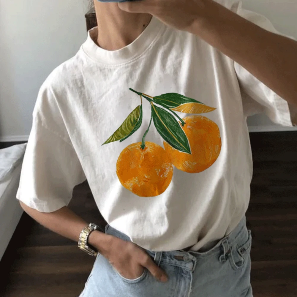 Fun Cartoon Oranges Fashion Print Women New Tshirt Summer O-Neck Short Sleeved Tee Tops Street Trend Female T-Shirt Clothes