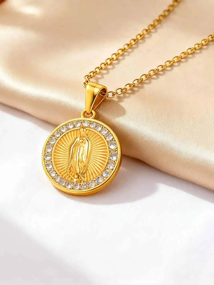 

Luxury Cubic Zirconia Virgin Mary Pendant Necklace Gold Plated Bling Religious Medallion Christian Jewelry Gift for Women