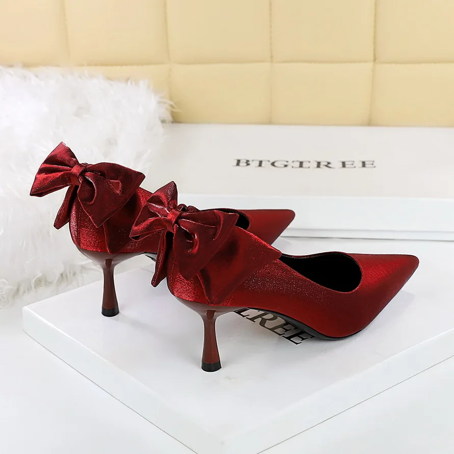 

BIGTREE Back Big Bowknot High Heels Sweet Prom Dress Lady Women's Pumps Thin Heel 6.5cm High Heeled Shoes Satin Shallow Wine Red