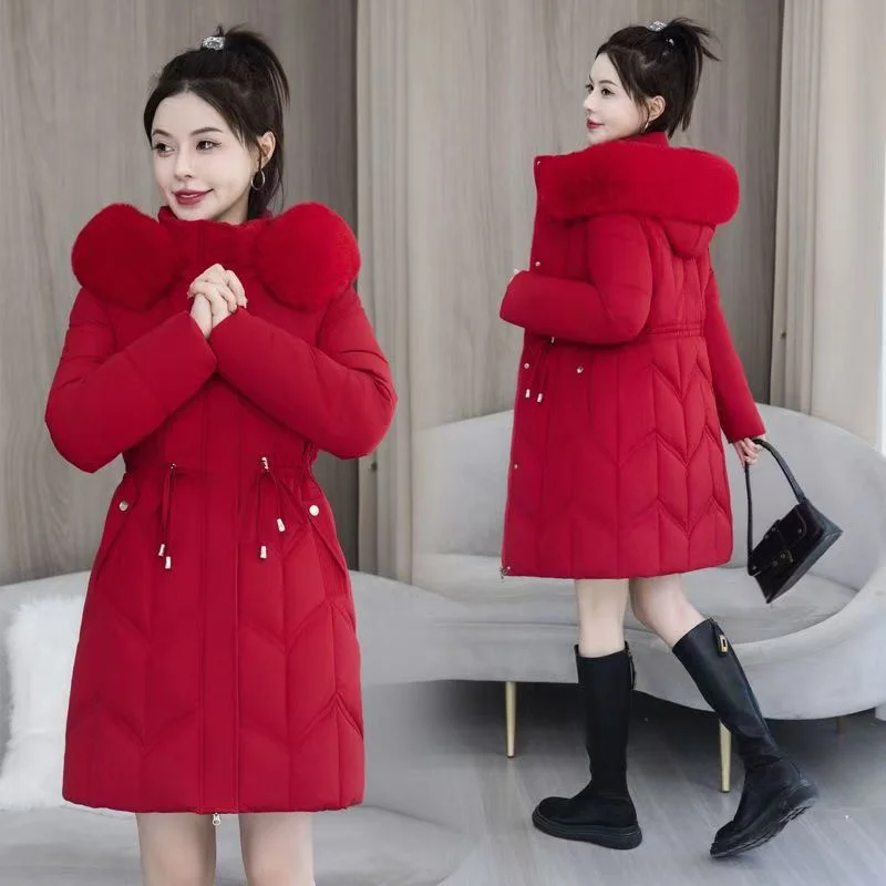 Hat Detachable Women\'s Winter Long Warm Cotton-padded Jacket Korean Version Of Slim Big Fur Collar Padded Cotton-padded Jacket