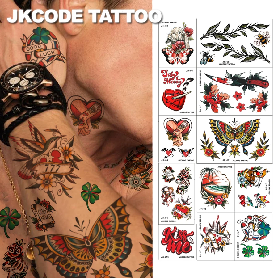 Full Arm Tattoo - Tattooed Back - Retro Style - 12Pcs Set of Tattoos - Easter - St. Patrick's - Mother's - Temporary Tattoo Sticker