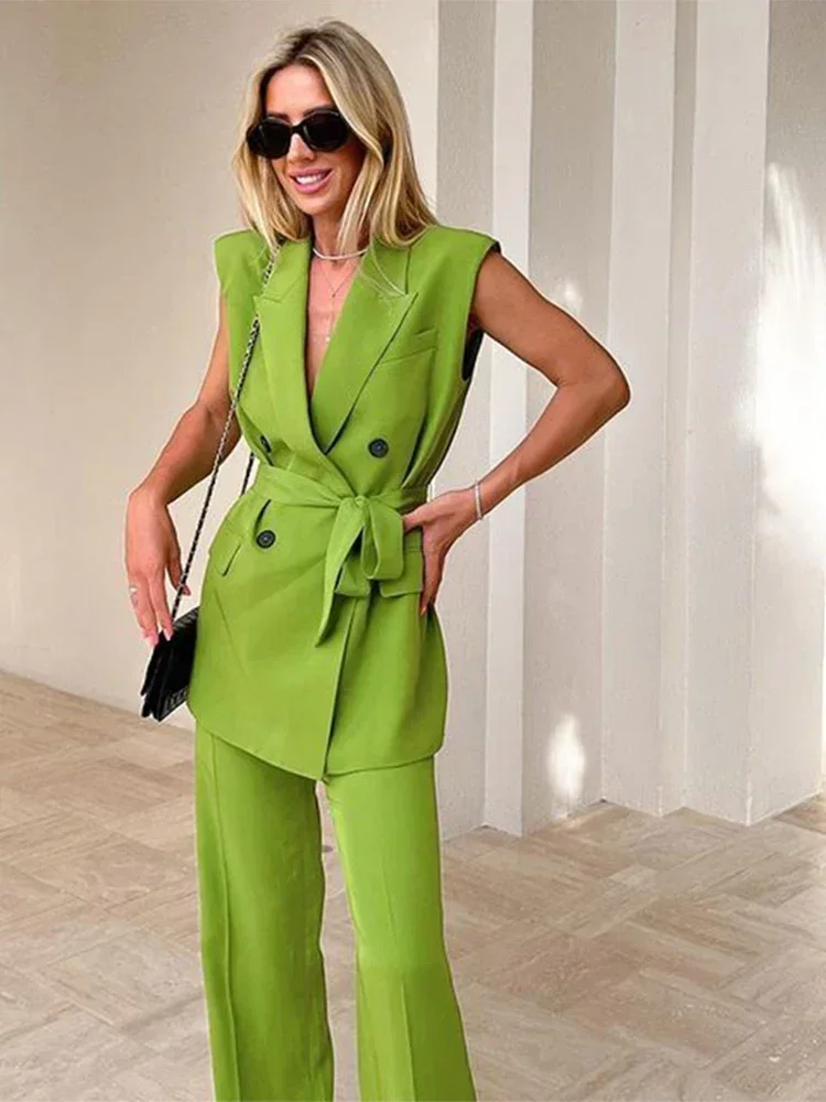 

Women Fashion Trousers Two Piece Sets Casual Loose Sleeveless Vest Coat Wide Leg Pants Suits 2025 Spring Commuter Office Set