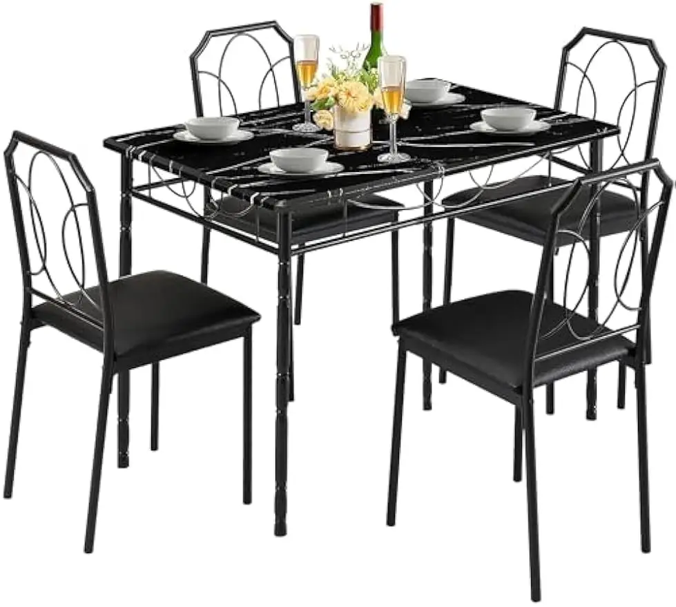 

VECELO 5 Pieces Table Sets,43.3" Dining Table&Chairs for 4,Industrial Counter Height Tabletop with Bar Stools, Rectangle Breakfa