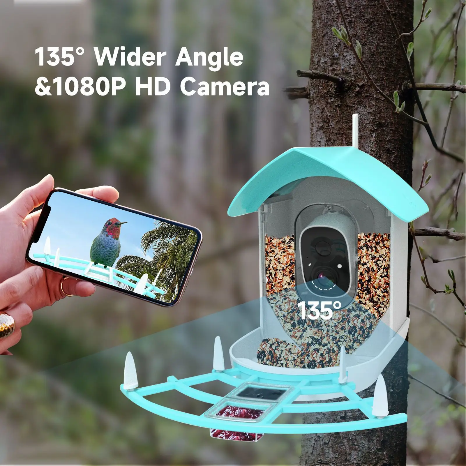 STLFSolar Wild Wood Bird Feeder with CamerassWireless Outdoor Ai Identify Bird Food Feeder with Fruit Forks