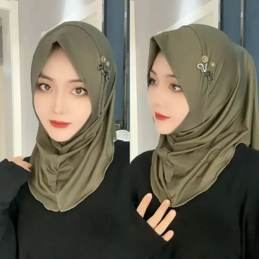 Muslim Woman Plain Casual Cover Hijab Instant Cap