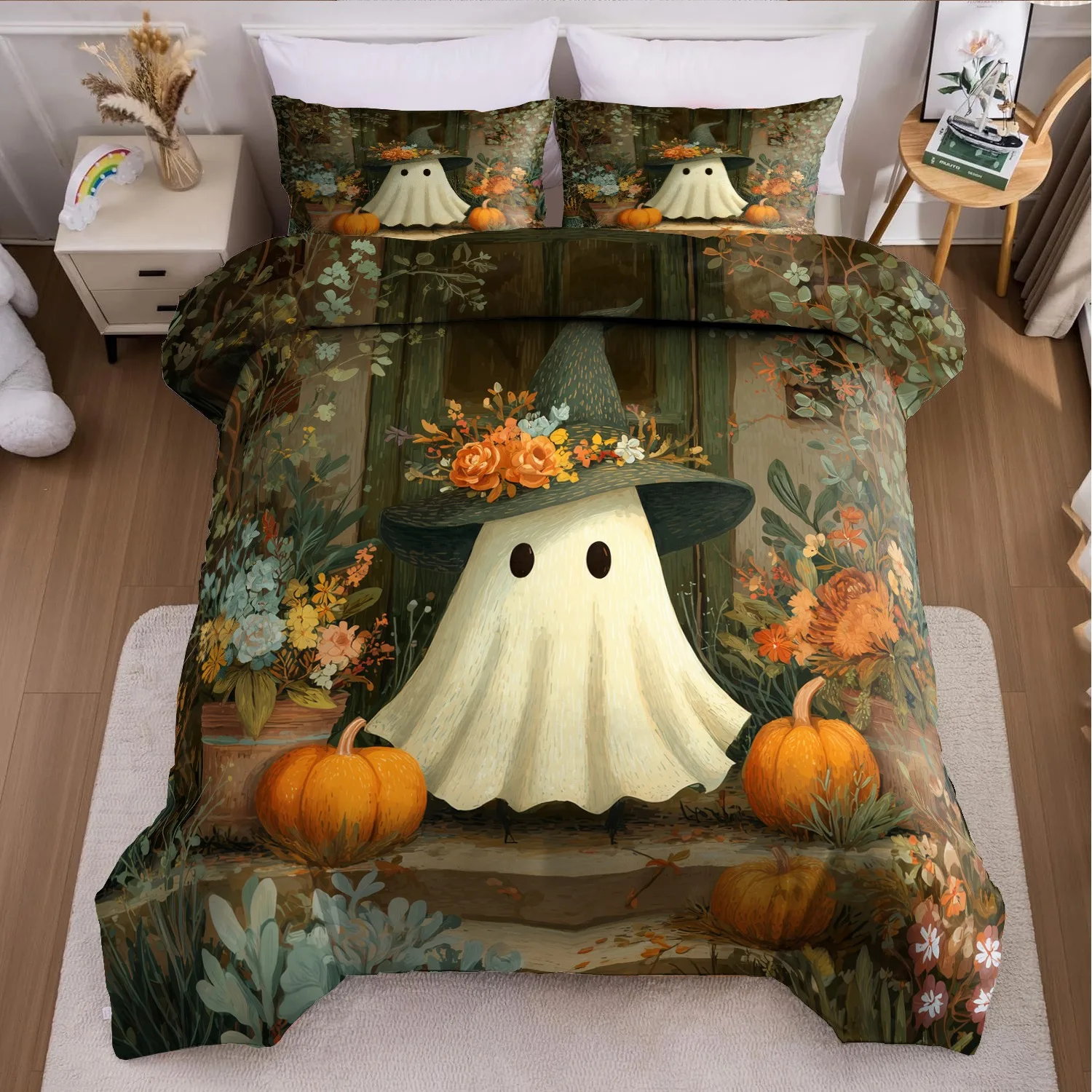 3pcs Halloween Pumpkin Monster Duvet Cover Set without Core, Quilt Cover with 2 PillowcasesSoft and Machine Washable