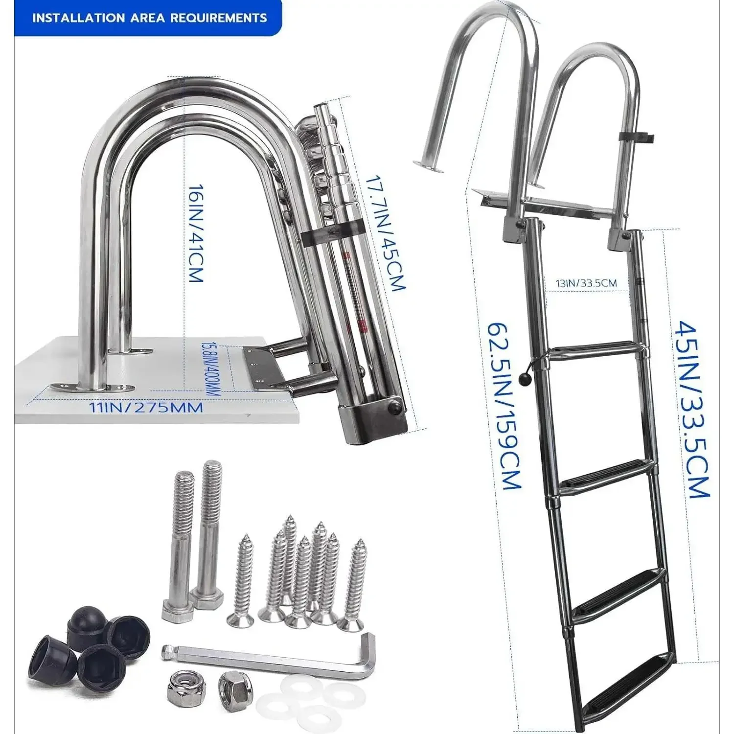 Escalera de muelle telescópica de acero inoxidable de 4 escalones para barcos pontón, capacidad resistente de 600 libras, escalera de natación de entrada trasera plegable