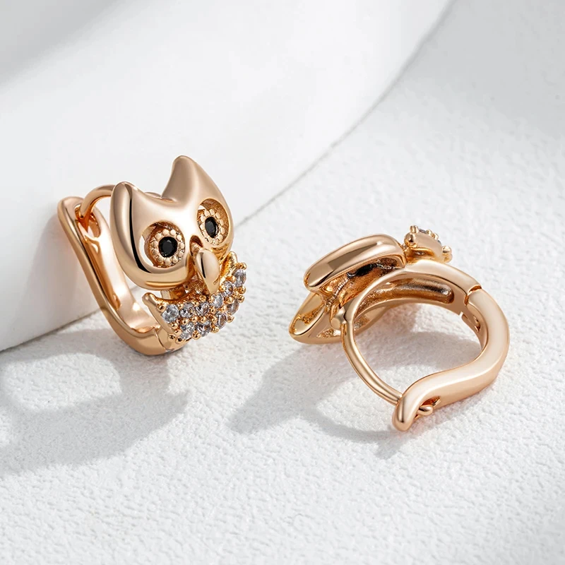 Wbmqda Cute Owl Girl Woman Earrings 585 Rose Gold Color With Natural Zircon Best Animal Gift Jewelry For Kids