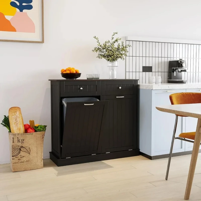 Double Tilt Out Trash Can Cabinet, Recycling 20 Gallon Garbage Can Cabinet with Drawer for Kitchen, Free Standing Tilt Out Laund