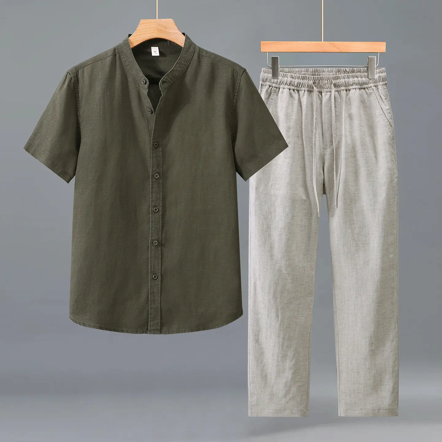 loose-half-sleeve-stand-collar-linen-casual-shirt-and-pants-men's-summer-set-comfortable-breathable-cotton-blend-fabric