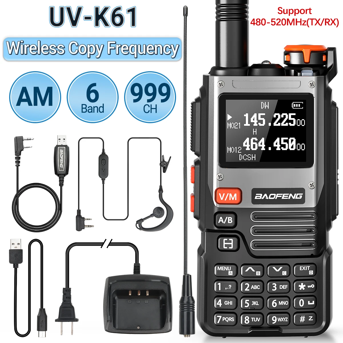 바오펑 UV K61 멀티밴드 워키토키 – 999 채널 지원, C타입 포트, NOAA, AM/FM 기능 포함, UV-5R, UV-K6, K5(8) 양방향 햄 라디오