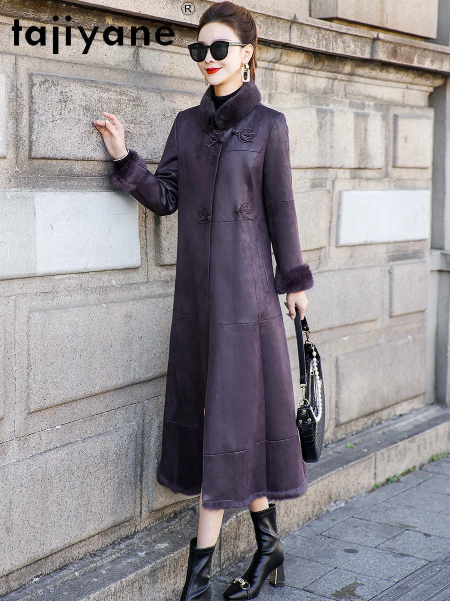 タジヤネ 本物のウサギの毛皮 レディース ロングコート ミンクファー襟付き 高級 スリム 冬用 女性用ジャケット 2025 女性服 レディース服