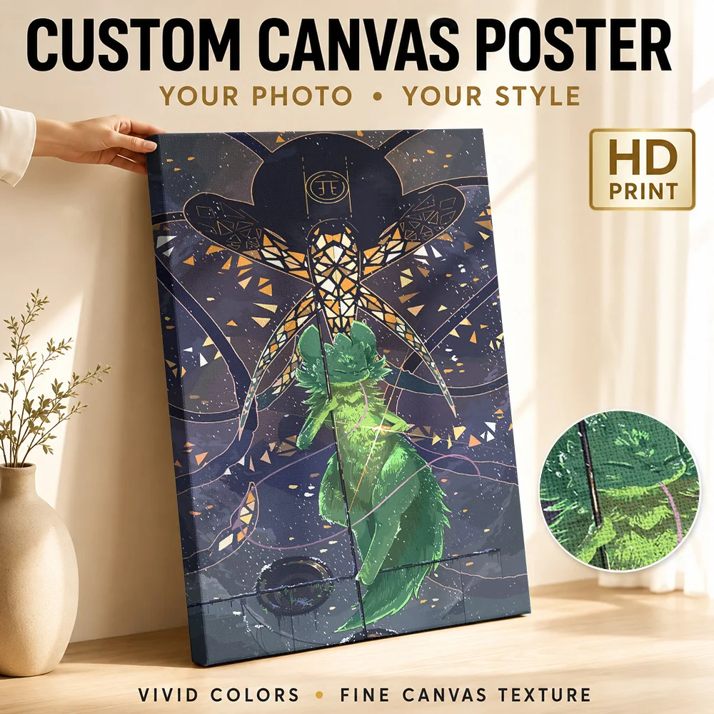 Rain World Insect Above Green Figure Framed Canvas Print Personalized Photo Multicolor Polygon Shapes Wall Art For Game Lounge