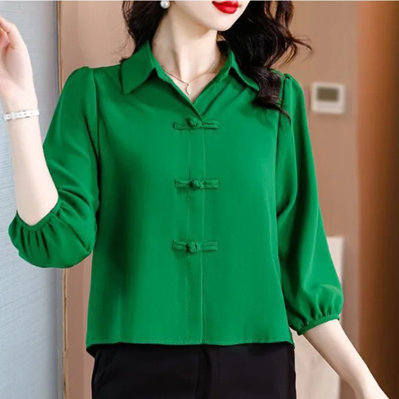 2024 New Summer High Waist Chic Elegant Fashion Retro Office Lady Chinese Style Women\'s Shirt Solid V Neck Long Sleeve Y2K Tops