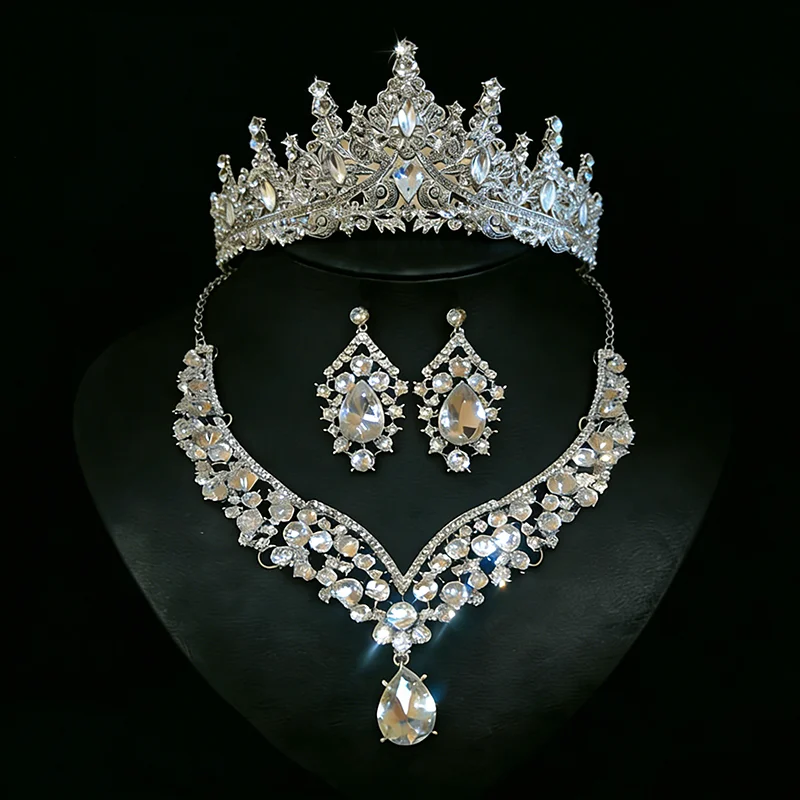 Sparkly V-shaped Rhinestones Necklaces Earrings Hairband for Party Banquet Hollow Out Geometric Water Drop Jewelry Set H