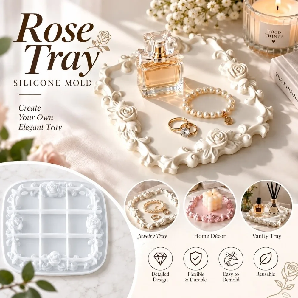 Flexible Silicone Rose Lace Tray Silicone Mold Reusable Easy Release Jewelry Dish Mold Tear Resistant Rose Lace Edge