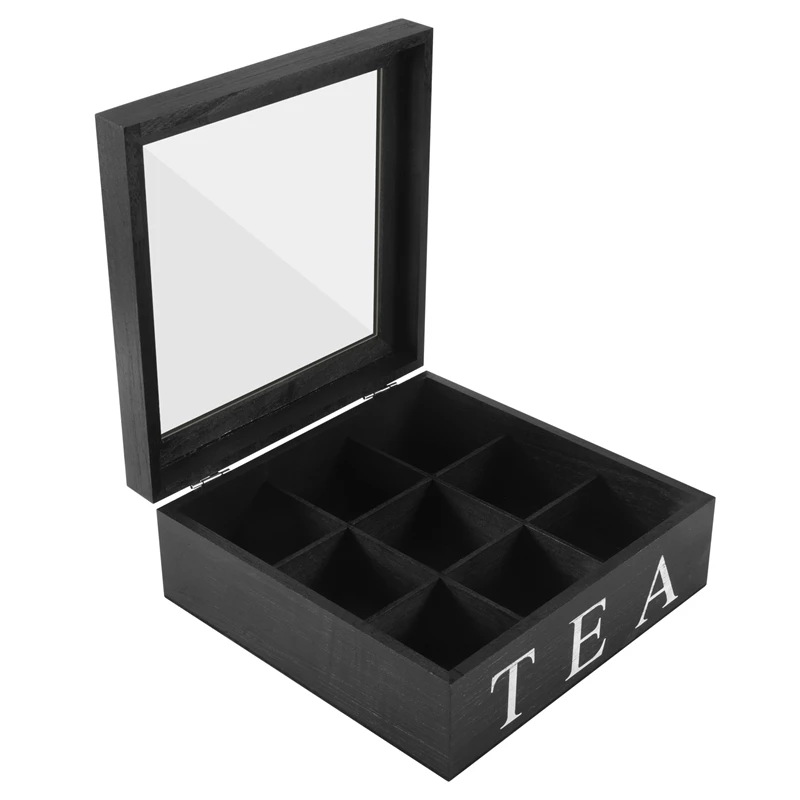 Wooden 9 Grids Tea Box Tea Bags Container Storage Box Square Gift Box Case Transparent Top Lid Jewelry Storage Box