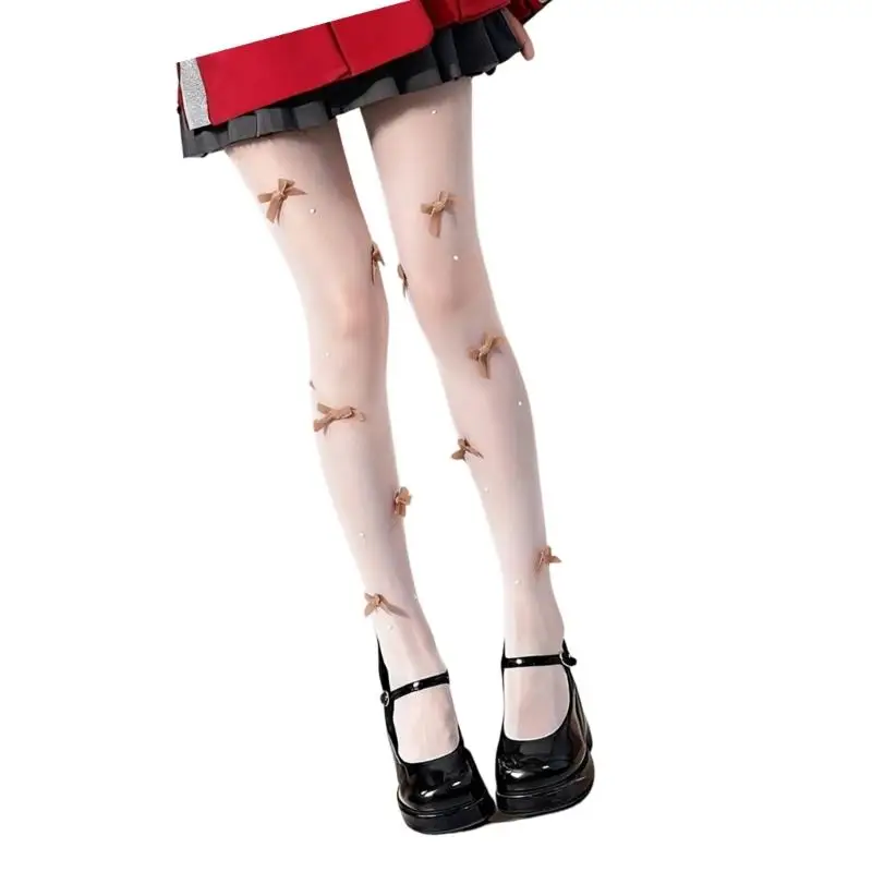 652F High Waist Pantyhose Sheer Silk Stockings Students Girls Thigh High Stockings Sparkly Bows Pearls Tights for Women Girls