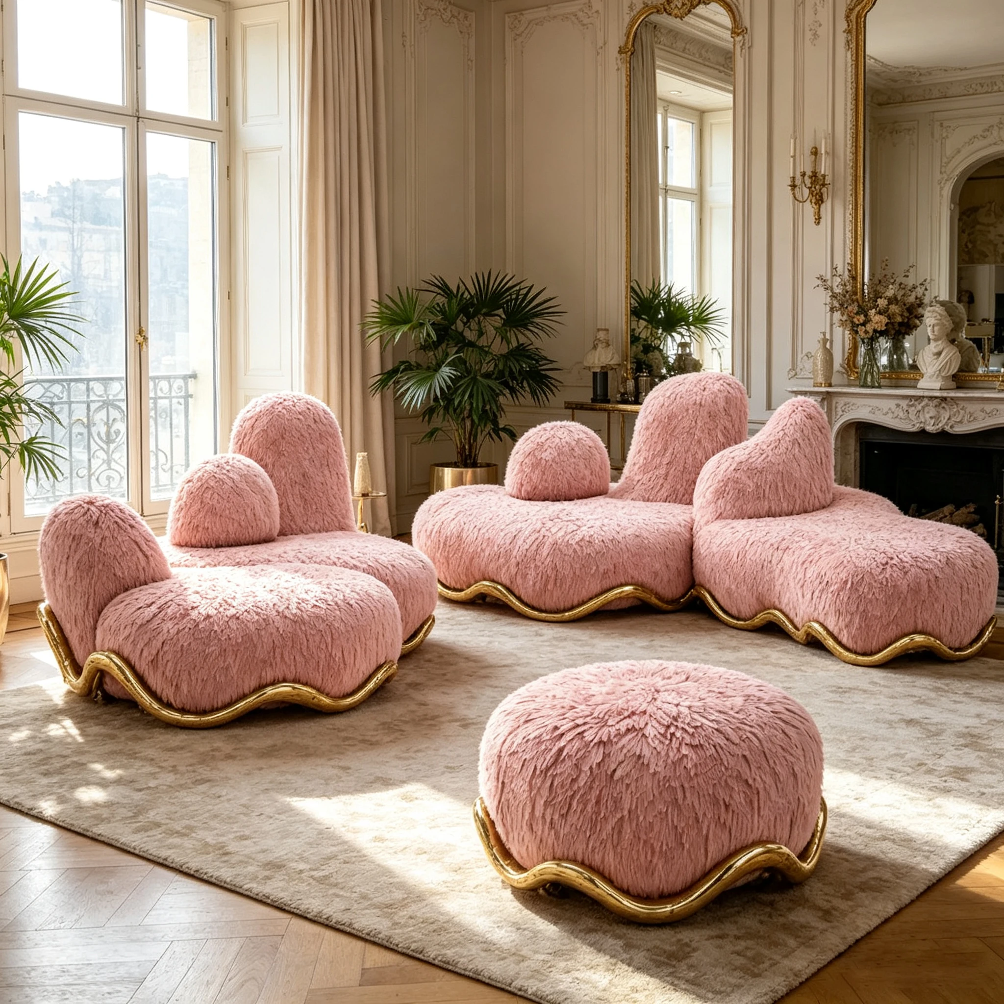 Z*-Irregular Shaped Plush Accent Sofa Fiberglass Structure Gold Edge for Villa Lounge Interior Design^
