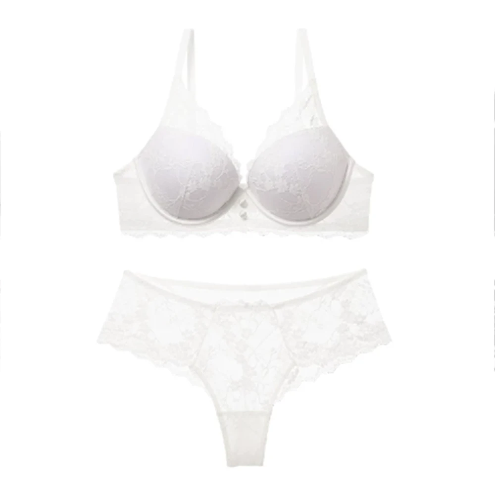 Women Dewy Petal Floral Lace Lingerie Set Underwire Deep V Bra & Panty 2‑Pcs Delicate Front Button Intimate Underwear