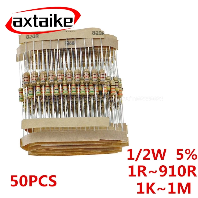 

50PCS Carbon Film Resistors 1/2W 5% 100R 220R 1K 1.5K 2.2K 4.7K 10K 22K 47K 100K 100 220 1K5 2K2 4K7 Ohm New Resistance 1R~1M