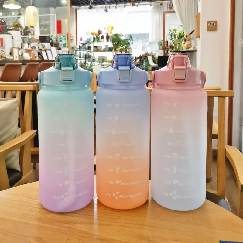 2L Water Bottle With Straw Time Marker Plastic Water Cup Large Capacity Frosted Outdoor Sports Bottles botella de agua 2 litros