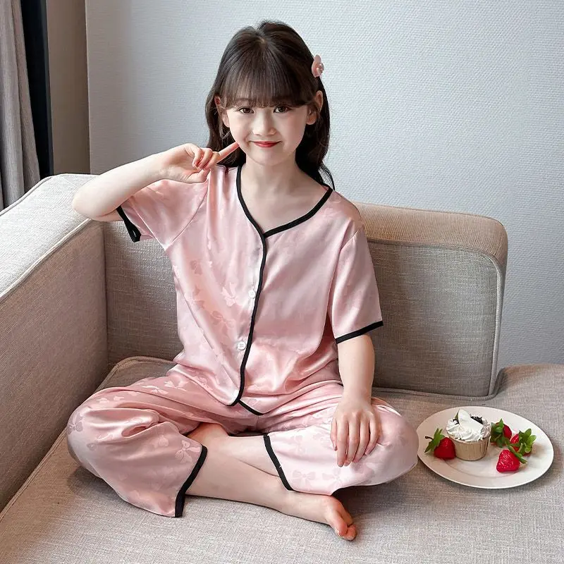 

Girls Ice Silk Pajamas 3 Piece Set Summer Short Sleeve 2026 New Style Homewear Cooling Lightweight