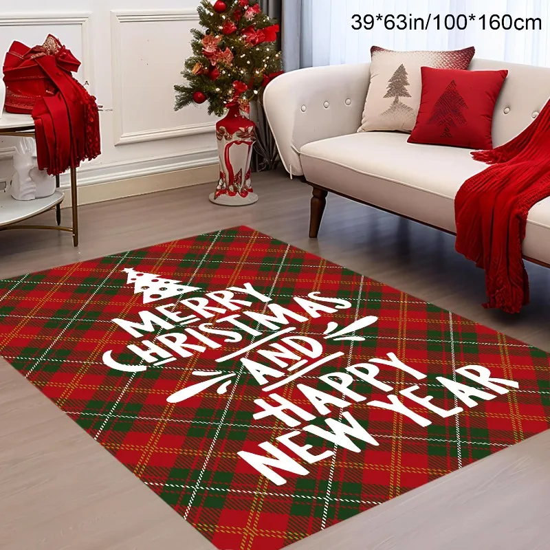 1pc Classic Red Green Plaid Printed Rug with 