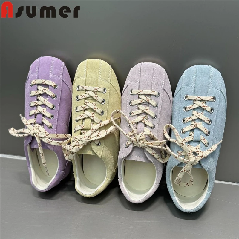 

ASUMER 4 Colors Cow Suede Leather Women Sneakers Lace Up Solid Color Spring Summer Flat Sneakers Casual Flats
