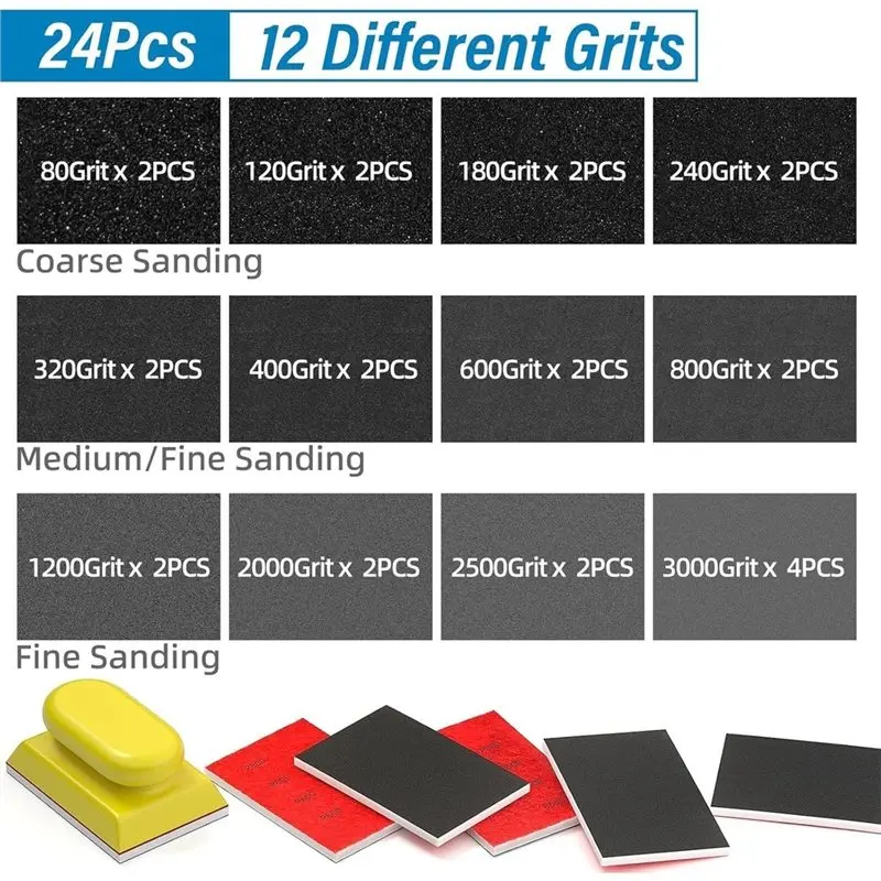 SHGO-Reusable 3X4 Inch Sanding Sponge Set 25PCS 80-3000 Grit, Wet Dry Foam Blocks For Wood, Furniture, Metal& Drywall