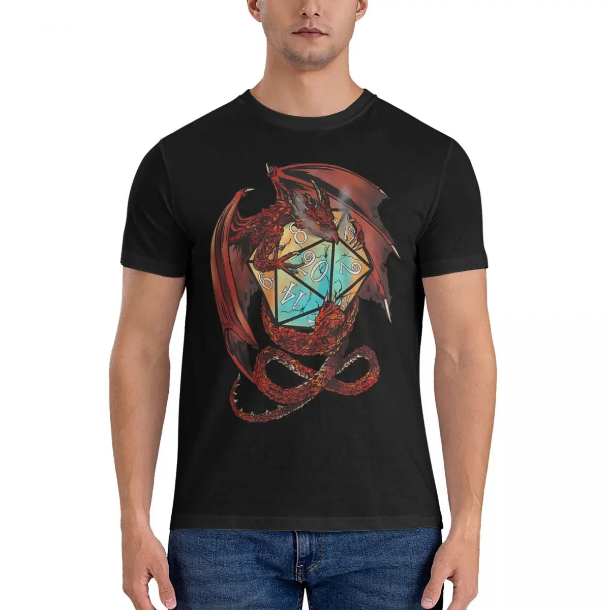 Men T-Shirts Red Dragon Dice Leisure Cotton Tee Shirt Short Sleeve D-Dungeons And Dragons DND T Shirt Round Neck Clothing