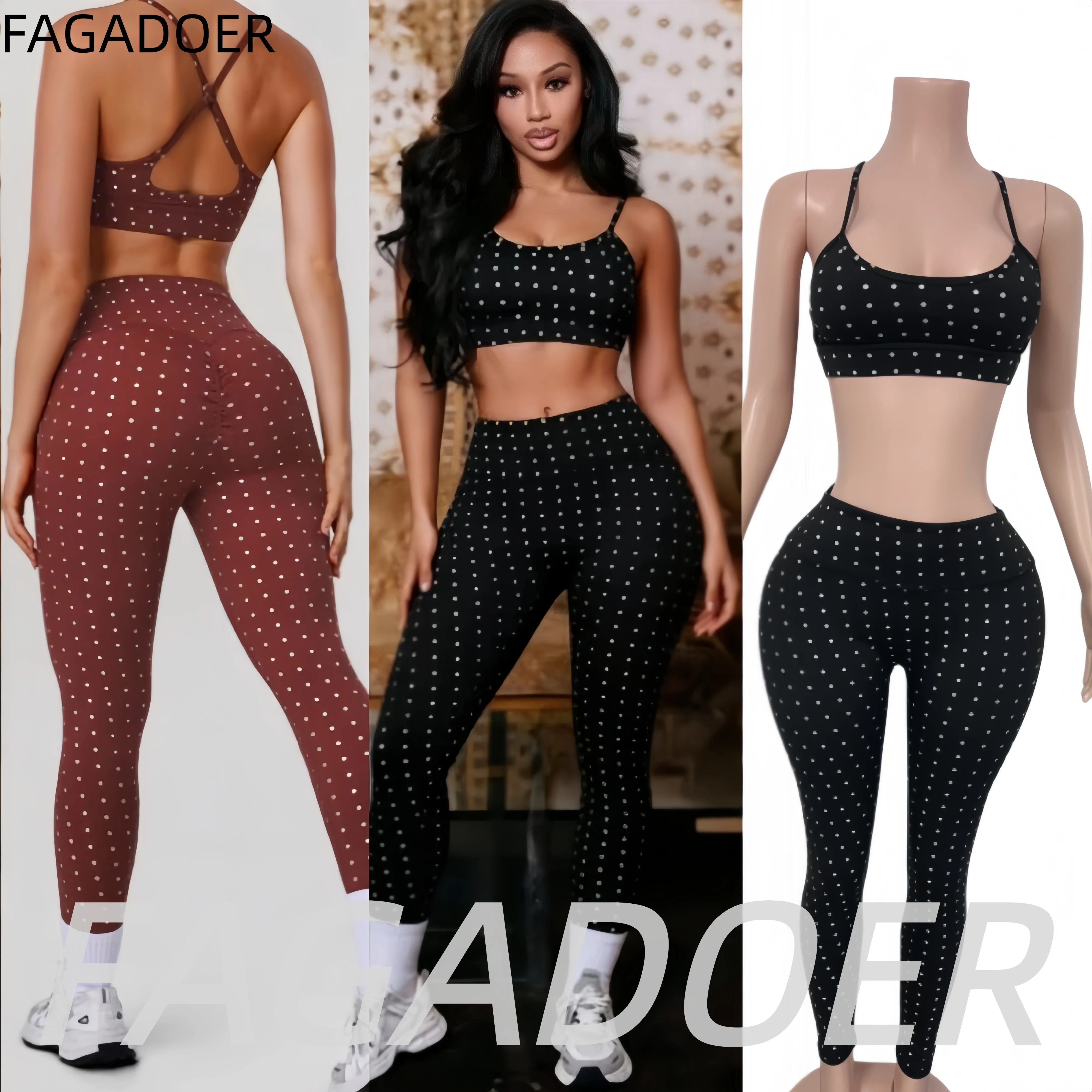 FAGADOER Quality Silver Polka Dot Bodyon 2 Pcs Sets Print Yoga Sport Top + Leggings Pants Tracksuits Women Fitness Suits