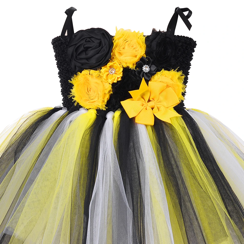 Little Queen Bee Tutu Dress Tulle Flowers Baby Girl Clothes Infant Toddler Princess Costume 1 Year Birthday Girl Dress Outfit