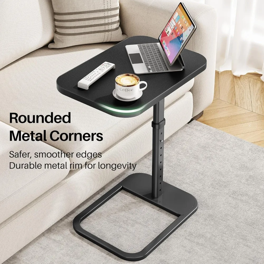 طاولة صينية تلفزيون بارتفاع قابل للتعديل مع زوايا معدنية مستديرة، طاولة للوجبات الخفيفة للأريكة والأريكة والسرير وغرفة المعيشة، باللون الأسود #4