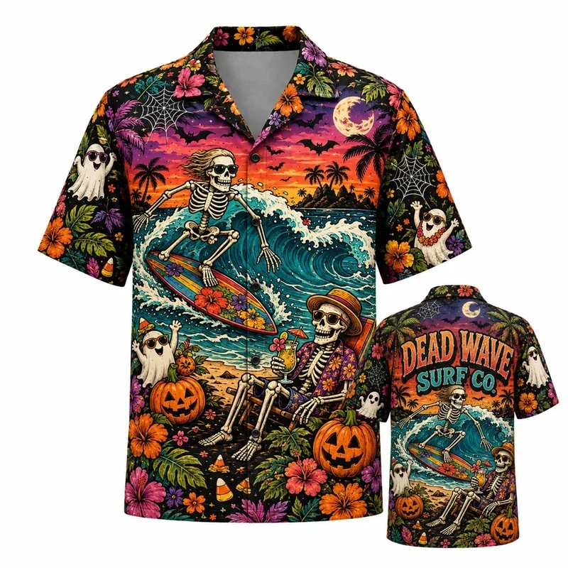 Men Halloween Skeleton Tropical Shirt 3D Ghost Pumpkin Print Short Sleeve Hawaiian Shirt For Beach Bar Summer Party