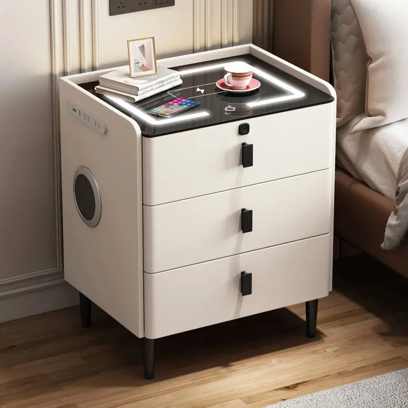 #Modern Luxury Wooden Smart Night Stand LED Lighting Wireless Charging Eco-Friendly Design Apartment
