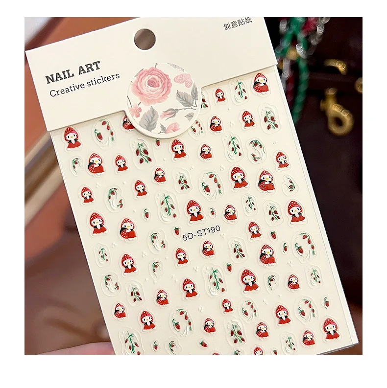 ملصقات فراولة كرتونية لطيفة خماسية الأبعاد - شخصية فتاة بأوراق خضراء |   للأظافر ومستحضرات التجميل والمجلات والهواتف #1