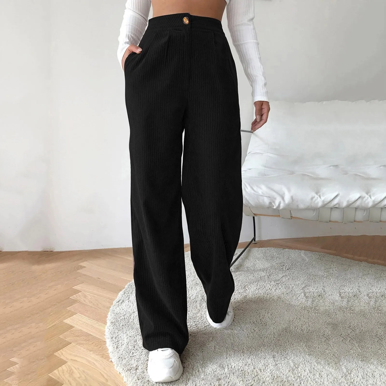 

High Waist Slim Corduroy Pants Autumn Winter Warm Wide Leg Pants Plus-size Retro Loose Sport Straight Tube Trousers Pantalones