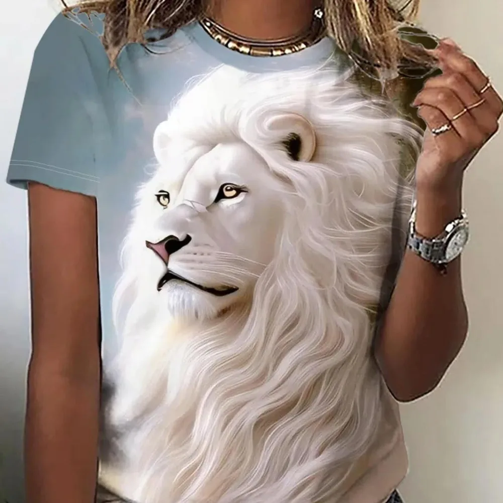 

Spring and Summer Women's 3D Printed Lion Print T-shirt Casual Round Neck Short Sleeved Oversized Top