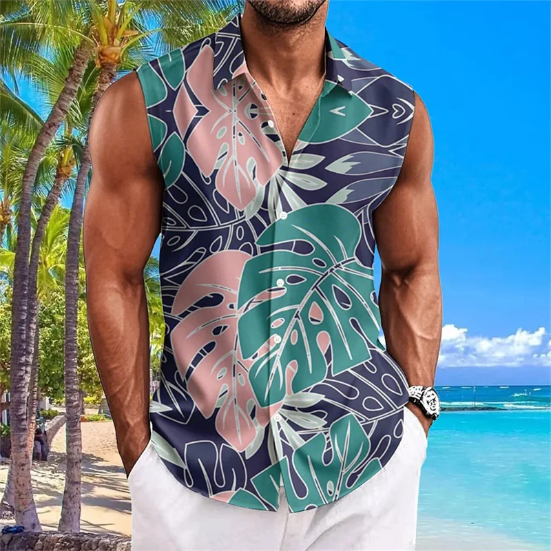 New Men's Summer Pure Color Single Row Zipper 3D Flower Print Sleeveless Men's Shirt Flap Men's Summer